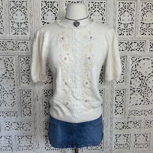 Vintage Ivory Beaded Sequin Silk & Angora Blend Short Sleeve Sweater Sz Small